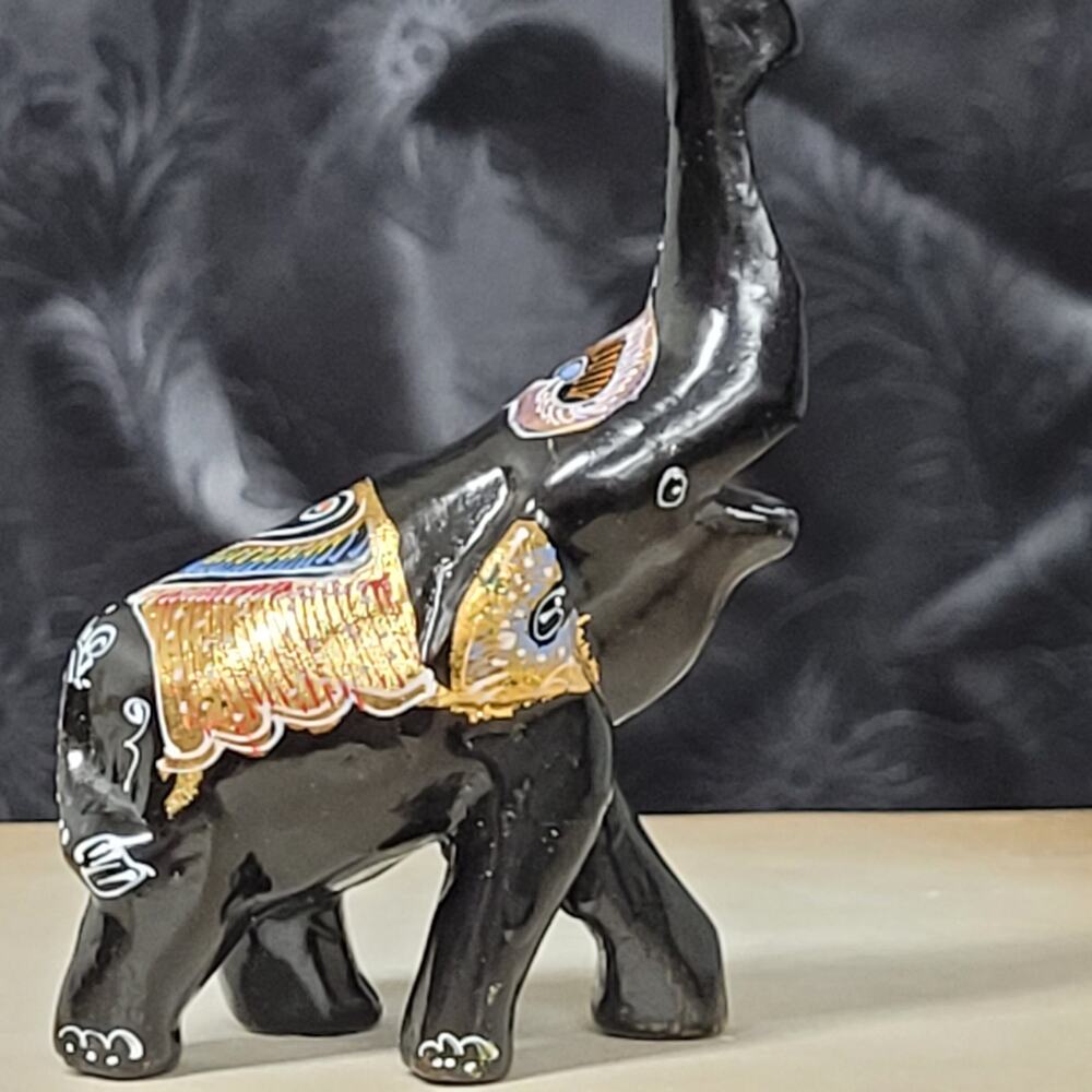 Elephant Black Lacquered Trunk Up. Collectable; Small;  Hand Painted Designs
